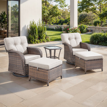 5-Piece Outdoor Patio Set: 2 Swivel Rocker Chairs + Side Table + 2 Ottomans – 5" Thick T-Back Cushions, All-Weather PE Wicker, T Series - Belord