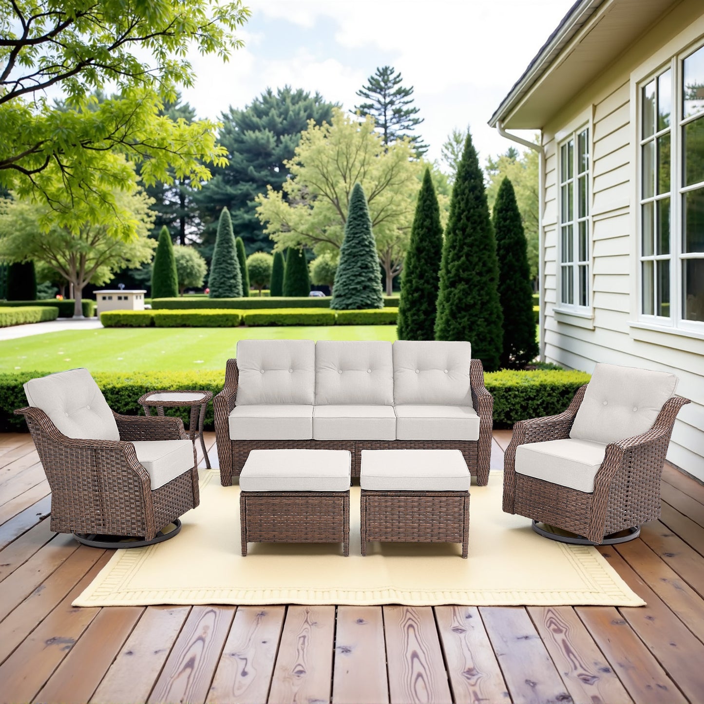 6-Piece Luxury Outdoor Patio Set - High Back Wicker Swivel Glider Chairs with Sofa & Ottoman, Ovolo Series