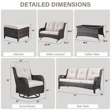 Patio Conversation Set 7-Piece with Sofa, Glider Loveseat, Swivel Glider Chairs, Ottoman and Coffee Table, NTC Series - Belord