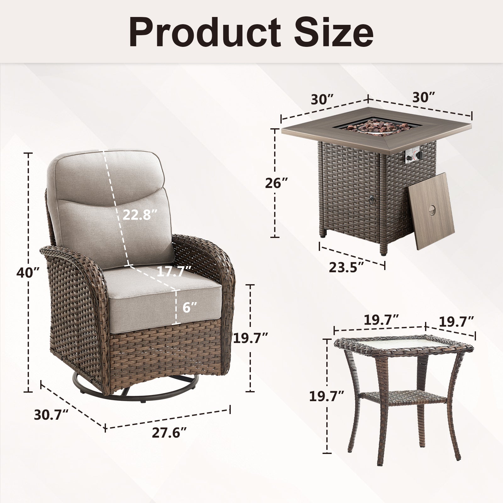 Premium 7-Piece Patio Swivel Chair Set with Square Wicker Fire Pit Table – Cozy Garden Lounge Style, ND Series - Belord