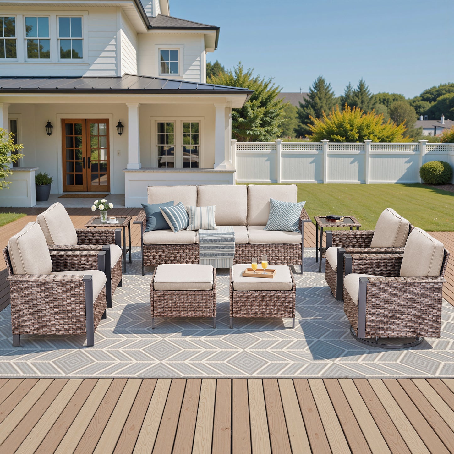 Large 9-Piece Conversation Set — Sofa, 4 Chairs (2 Swivel & 2 Patio Chairs), 2 Ottomans, 2 Side Tables, WNG Series