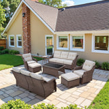 8-Piece Luxury Outdoor Wicker Set - 2 High Back Swivel Glider Chairs + 2 Rattan Sofa, Coffee Table & Ottoman, Ovolo Series - Belord