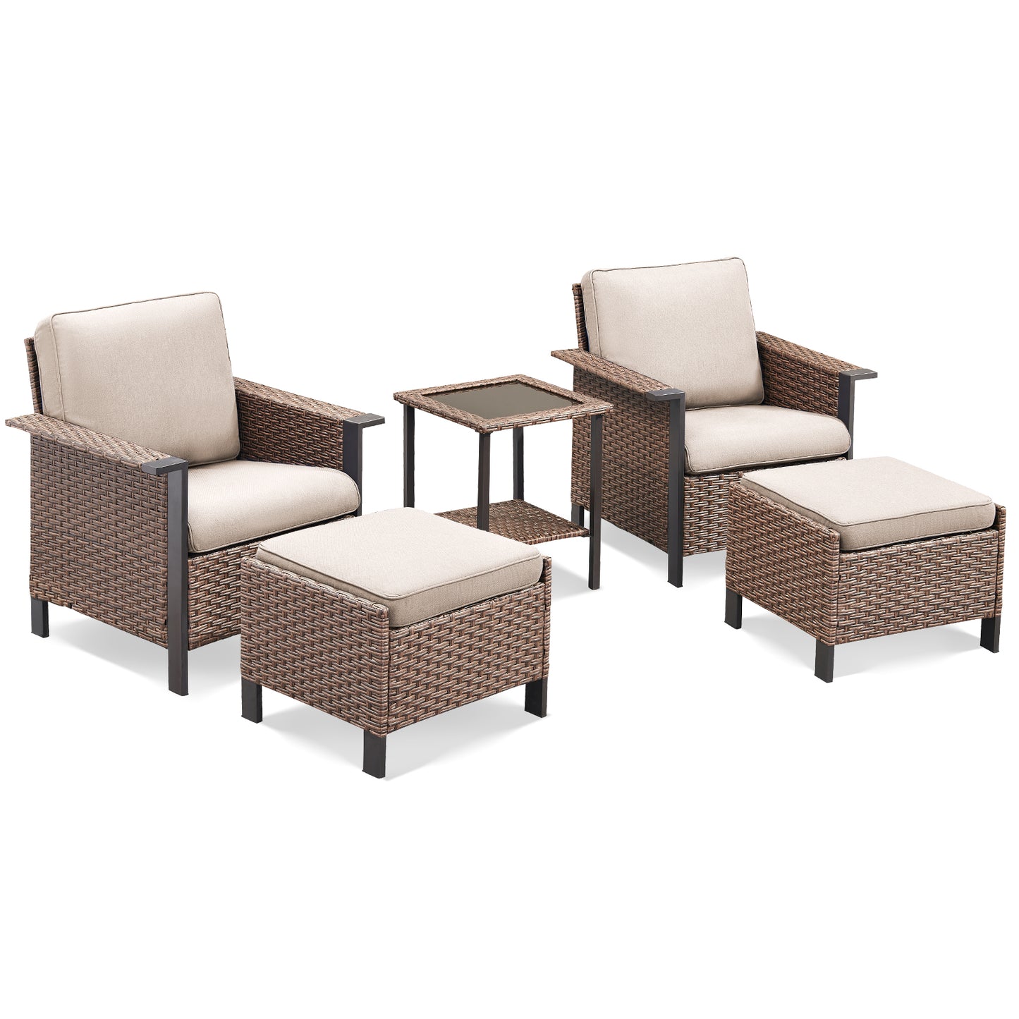 5-Piece Patio Set: 2 High-Back Wicker Patio Chairs, 2 Ottomans & 1 Glass Side Table, WNG Series