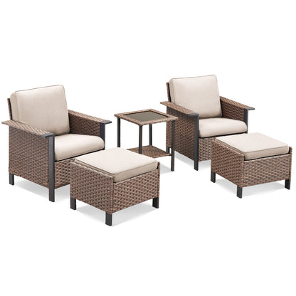 5-Piece Patio Set: 2 High-Back Wicker Patio Chairs, 2 Ottomans & 1 Glass Side Table, WNG Series