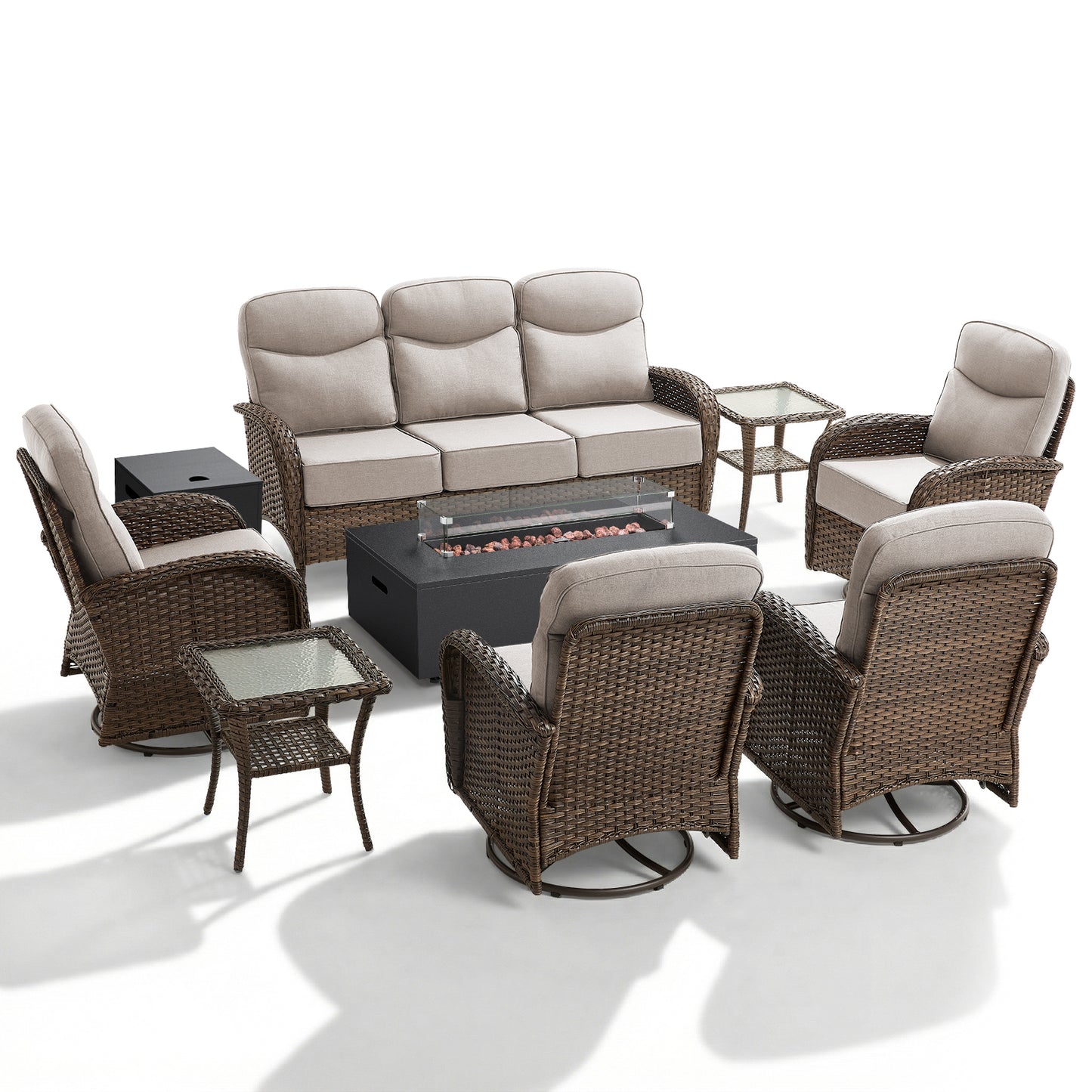 Spacious 8-Piece Patio Furniture Set with Split Fire Pit Table – High-Back Swivel Seating for Backyard Hosting, ND Series - Belord