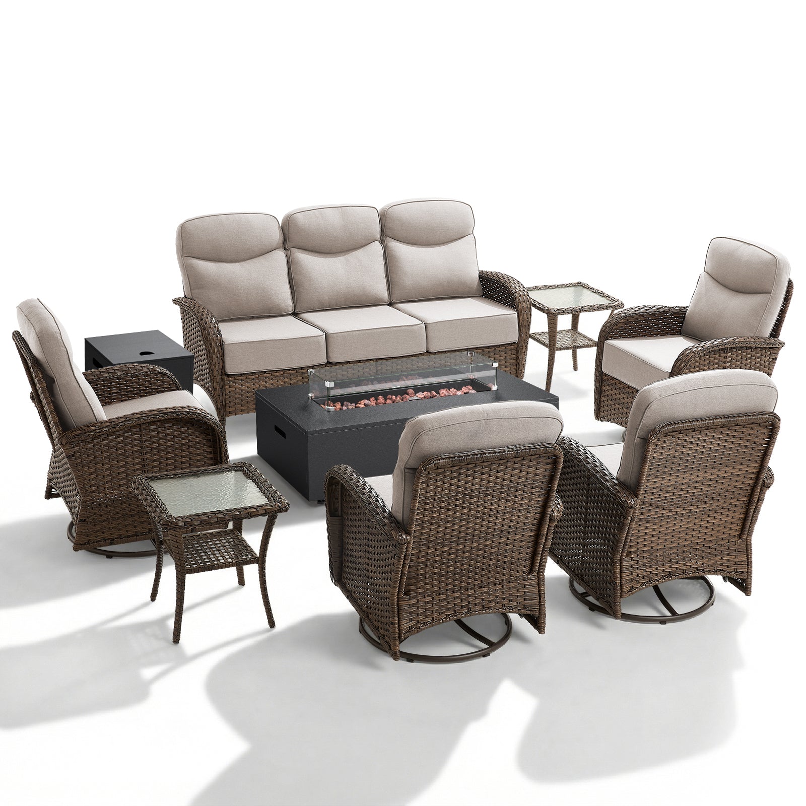 Spacious 8-Piece Patio Furniture Set with Split Fire Pit Table – High-Back Swivel Seating for Backyard Hosting, ND Series - Belord