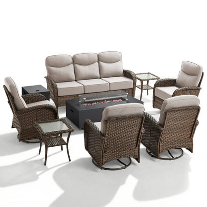 Spacious 8-Piece Patio Furniture Set with Split Fire Pit Table – High-Back Swivel Seating for Backyard Hosting, ND Series - Belord