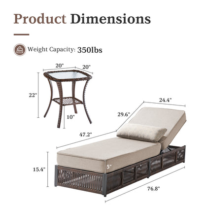 6-Piece Wicker Patio Lounge Set – 4 Adjustable 76.8" Chaise Lounges with 5-Inch Cushions + 2 Side Tables, NTC Series