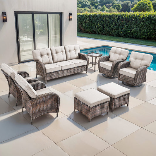 Premium 8-Piece Outdoor Sofa Set: 3-Person Sofa + 2 Swivel Rocking Chairs + 2 Patio Chairs + Side Table + 2 Footstools - Heavy Duty PE Wicker with Supportive 5" High-Density (28D) Cushions, T Series