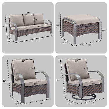 Patio Conversation Set 7-Piece with 1 Sofa, 2 Swivel Glider Chairs, 2 Patio Chairs, 2 Ottoman, HW Series - Belord