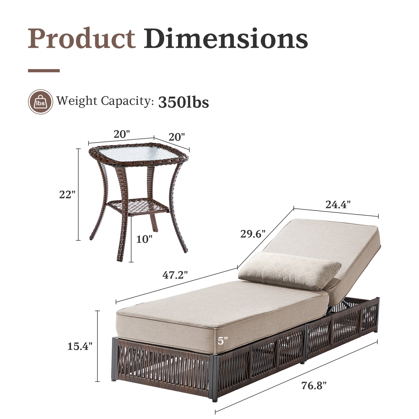 3-Piece Ultimate Comfort Lounge Set – 2 Adjustable 76.8" Chaise Lounges with 5-Inch Cushions + Side Table, NTC Series