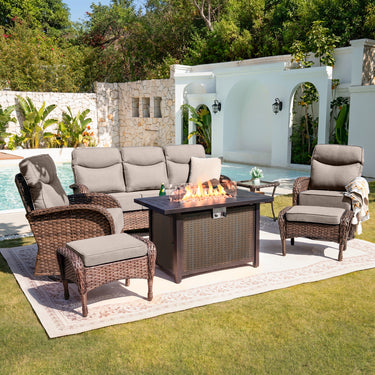 Luxury 7-Piece Patio Lounge Set with Metal Fire Pit Table & Ottomans – Deep Cushion Comfort for Deck Evenings, ND Series - Belord