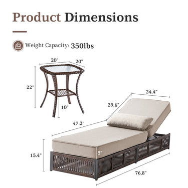 Solo Relaxation Set: 1 Adjustable 76.8" Chaise Lounge with 5-Inch Cushions & Side Table, NTC Series - Belord