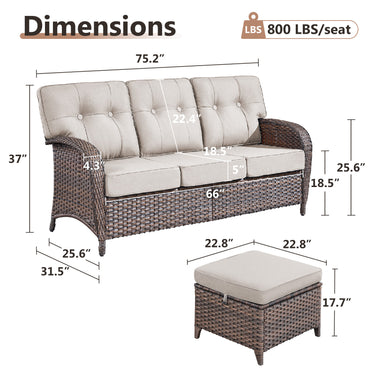 T Series 3-Piece Patio Set: 1 T-Back Sofa + 2 Ottomans – All-Weather PE Wicker with 5in Thick Cushions - Belord