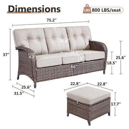 T Series 3-Piece Patio Set: 1 T-Back Sofa + 2 Ottomans – All-Weather PE Wicker with 5" Thick Cushions