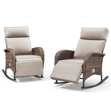 Premium 2-Piece Wicker Rocking Recliner Chair with Adjustable Backrest & Footrest, Cushioned PE Rattan Patio Lounge Chair, NDS Series - Belord
