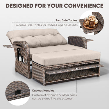 Outdoor Rattan Daybed Set with Multipurpose Ottoman & Side Tray, NDS Series - Belord