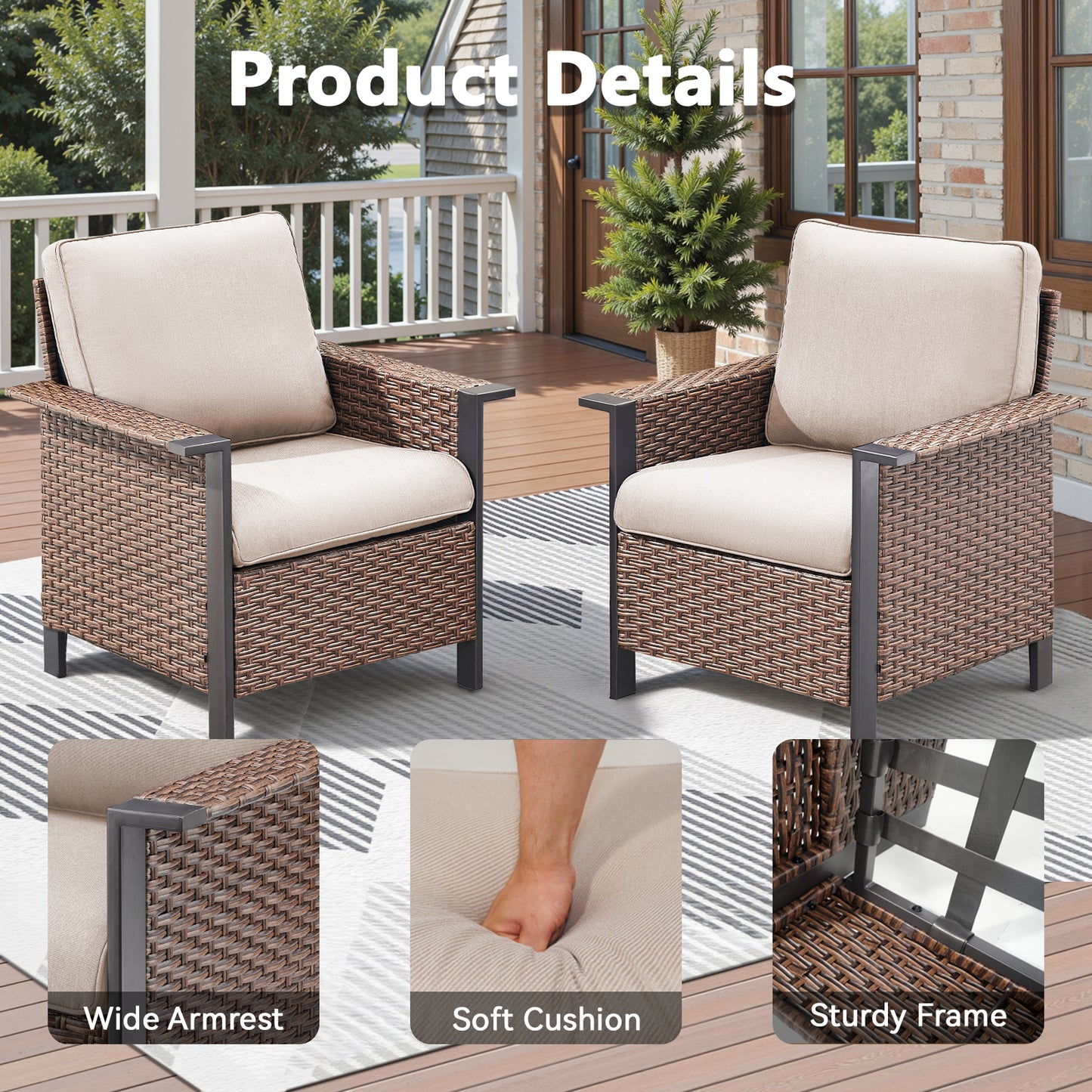 5-Piece Patio Set: 2 High-Back Wicker Patio Chairs, 2 Ottomans & 1 Glass Side Table, WNG Series