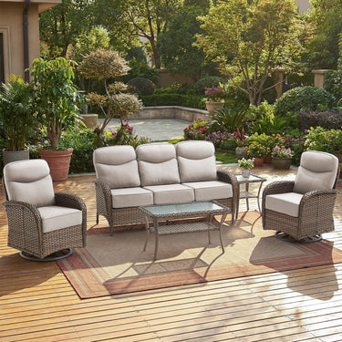 Elegant 5-Piece Outdoor Conversation Set – Sofa & Swivel Rockers with Coffee Table, All-Weather Wicker for Patio Parties, ND Series - Belord