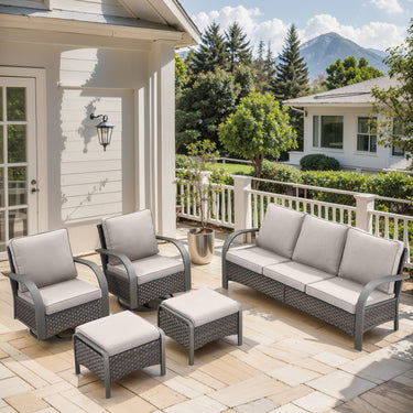Patio Conversation Set 5-Piece with 1 Sofa, 2 Swivel Glider Chairs, 2 Ottoman, HW Series - Belord