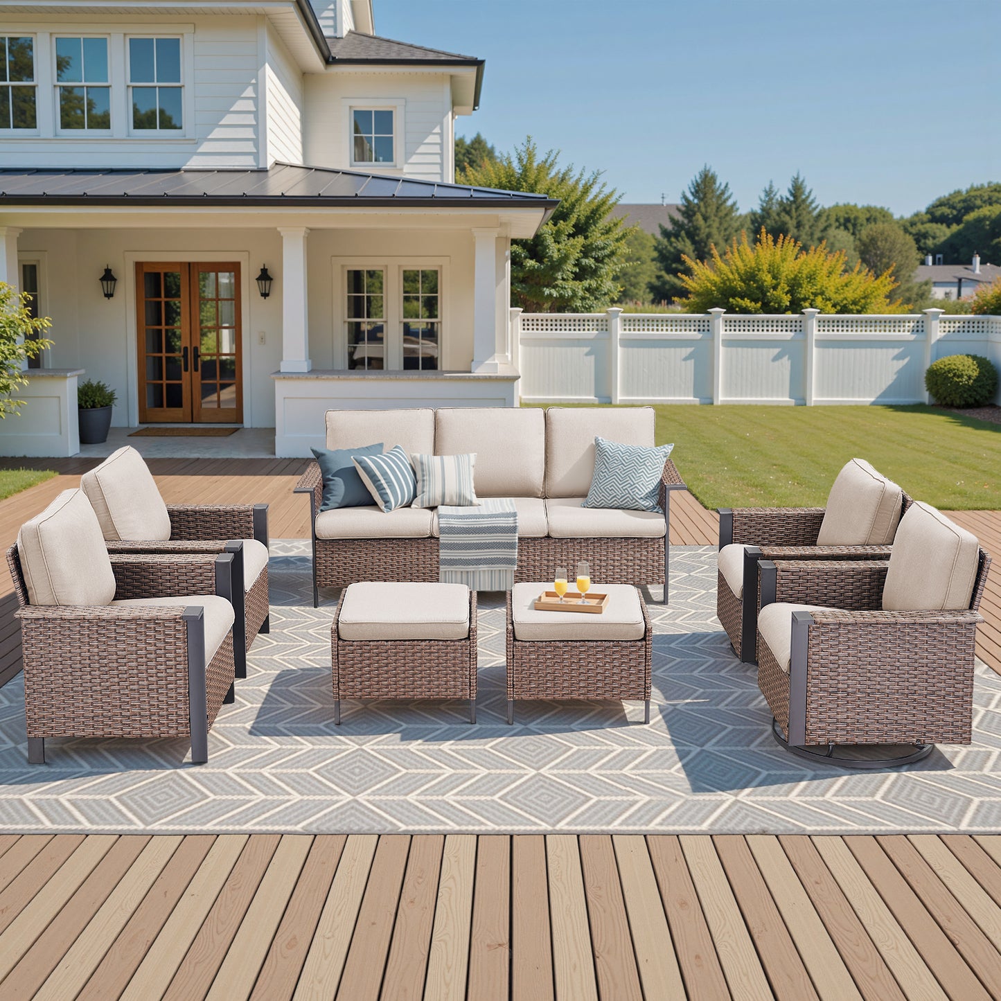 7-Piece All-Weather Wicker Patio Furniture Set: 1 Sofa, 2 Swivel Chairs, 2 Patio Chairs, 2 Ottomans, WNG Series