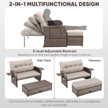 Outdoor Rattan Daybed Set with Multipurpose Ottoman & Side Tray, NDS Series - Belord