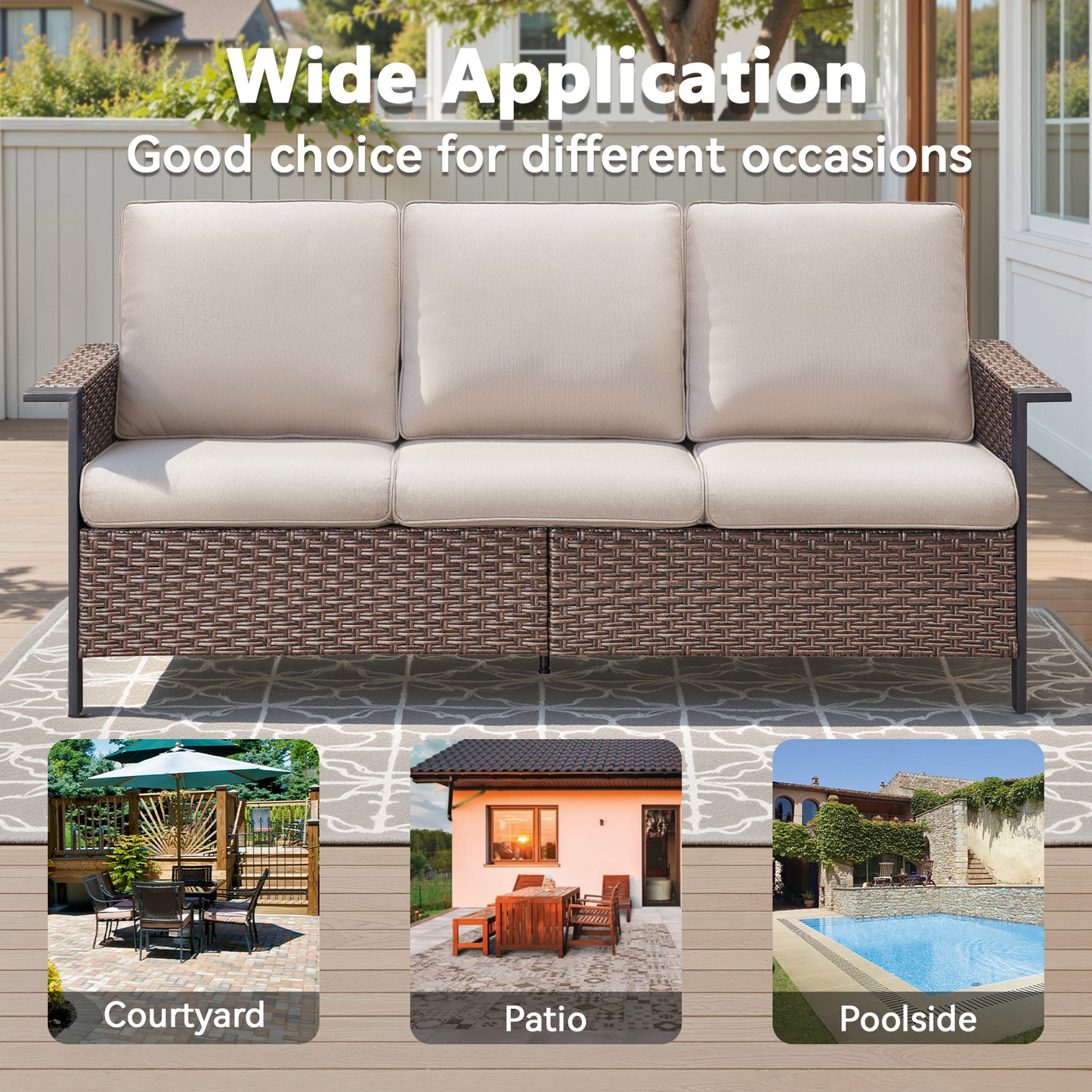 All-Weather Rattan Patio Sofa Set (3 PCS) — High-Back 3-Seater Deep Seat Couch with Ottomans, WNG Series