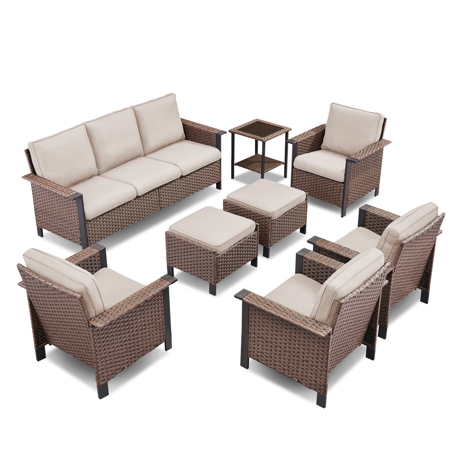 Outdoor Patio Furniture Set (8-Piece): All-Weather Wicker Sofa & 4 Patio Chairs & 2 Ottomans & Side Table, WNG Series