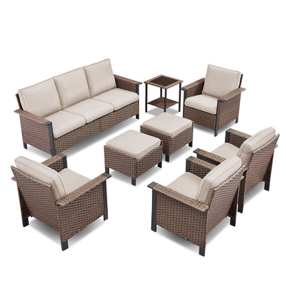 Outdoor Patio Furniture Set (8-Piece): All-Weather Wicker Sofa & 4 Patio Chairs & 2 Ottomans & Side Table, WNG Series