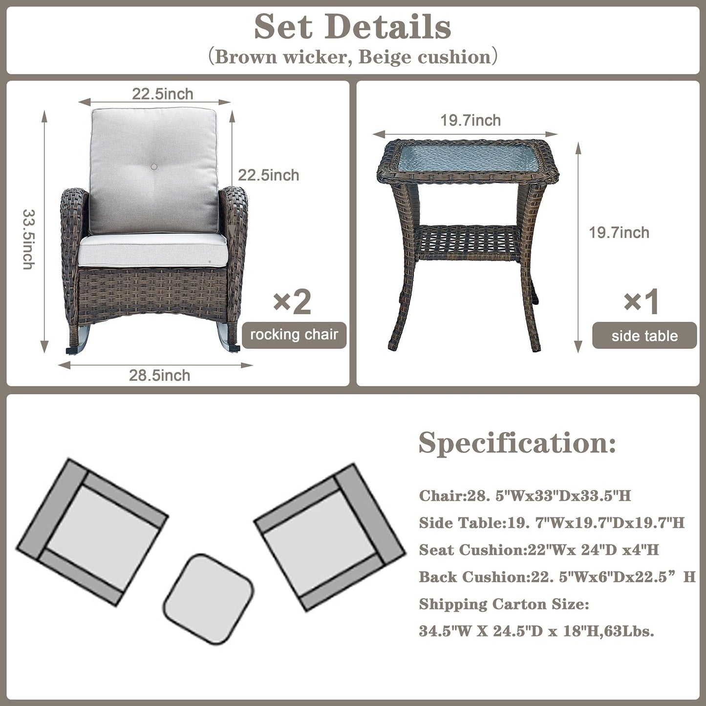 Save 60% - Wicker Rocking Chairs Set with Side Table, NDS Series