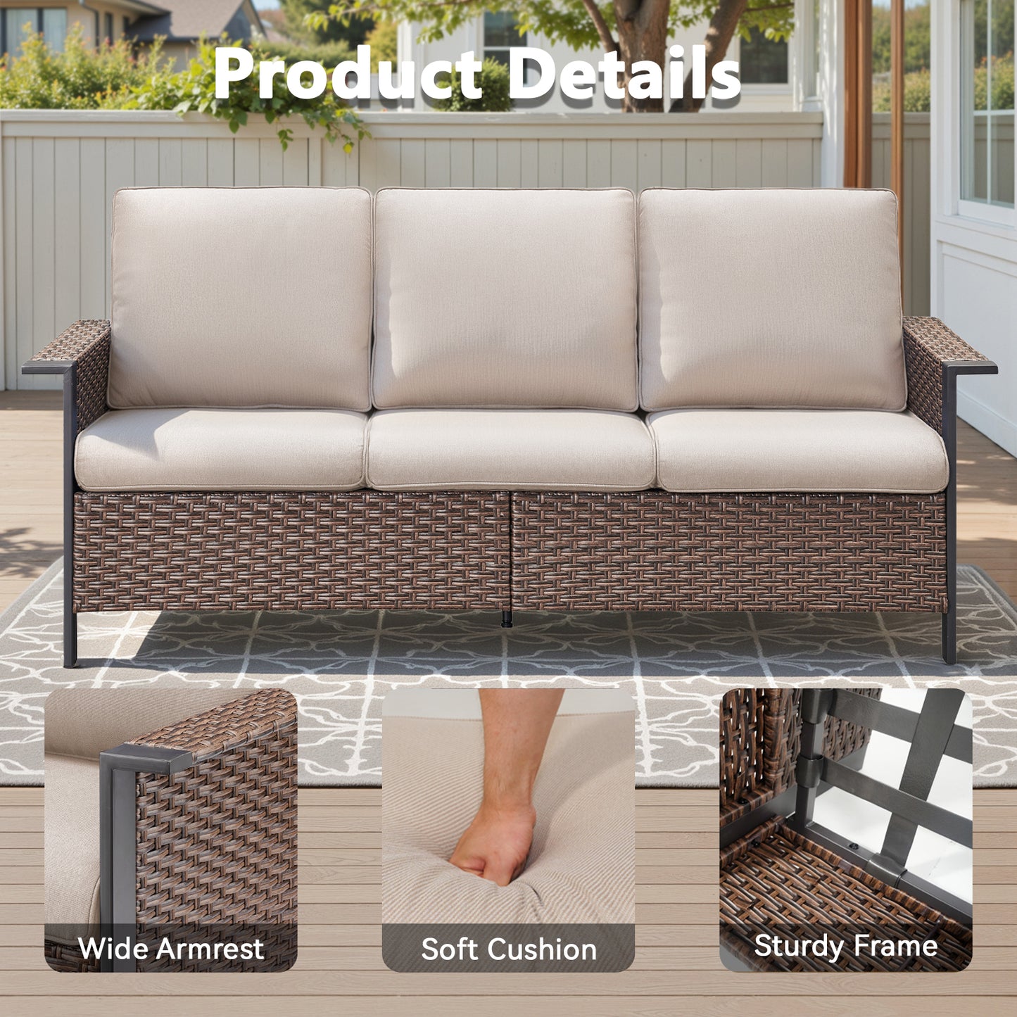 All-Weather Rattan Patio Sofa Set (3 PCS) — High-Back 3-Seater Deep Seat Couch with Ottomans, WNG Series