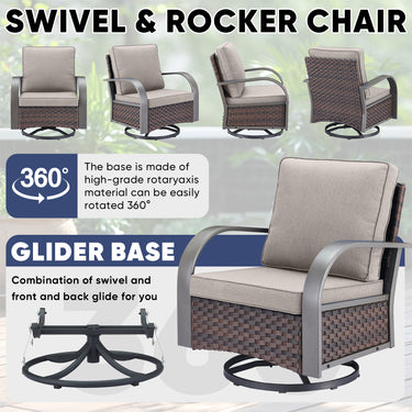 Patio Conversation Set 7-Piece with 1 Sofa, 2 Swivel Glider Chairs, 2 Patio Chairs, 2 Ottoman, HW Series - Belord