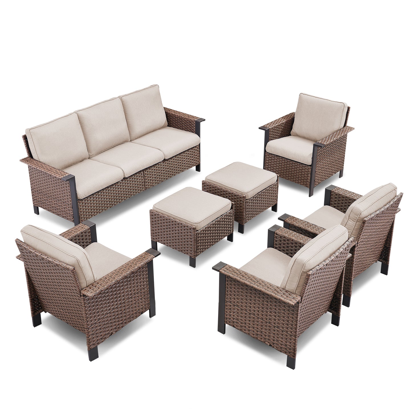 7-Piece Patio Set: All-Weather Wicker 3-Seater Sofa with 4 Patio Chairs & 2 Ottomans, WNG Series