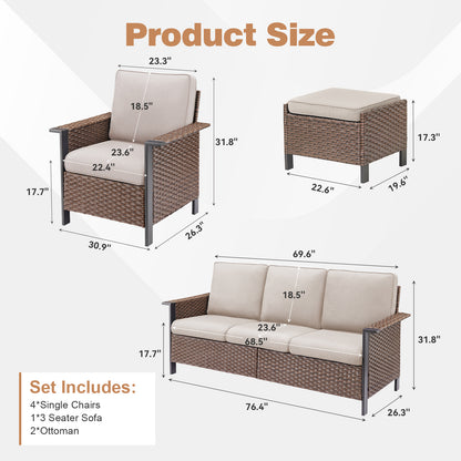 7-Piece Patio Set: All-Weather Wicker 3-Seater Sofa with 4 Patio Chairs & 2 Ottomans, WNG Series