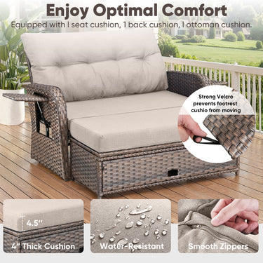 Outdoor Rattan Daybed Set with Multipurpose Ottoman & Side Tray, NDS Series - Belord
