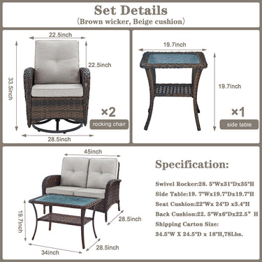 Patio Conversation Set 5-Piece with Loveseat, Swivel Glider Chairs, Coffee Table, and Side Table, NDS Series - Belord