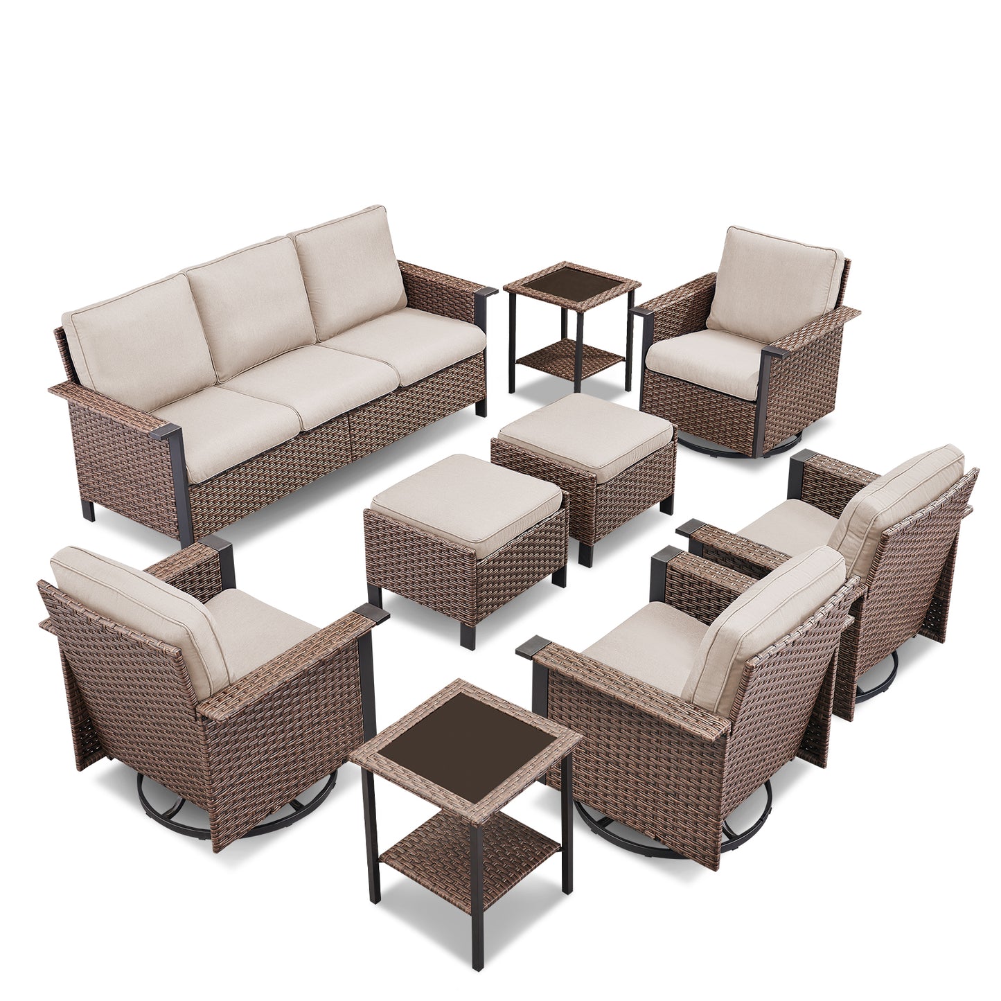 Complete 9-Piece Outdoor Lounge Set — Rattan-Style Sofa & 4 Swivel Rocker Chairs, WNG Series