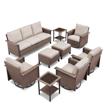 Complete 9-Piece Outdoor Lounge Set — Rattan-Style Sofa & 4 Swivel Rocker Chairs, WNG Series