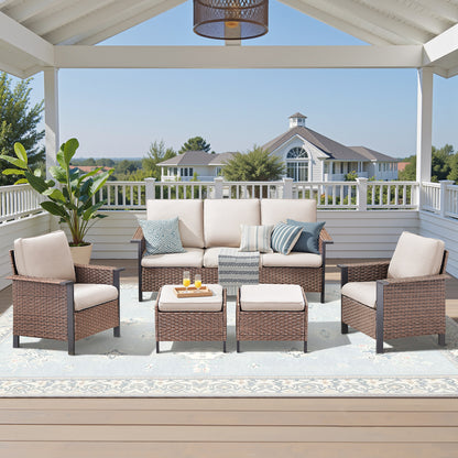 5-Piece All-Weather PE Wicker Conversation Set — Includes 1 Sofa, 2 Patio Chairs & 2 Ottomans with Cushions, WNG Series