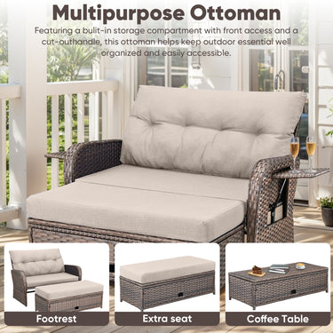Outdoor Rattan Daybed Set with Multipurpose Ottoman & Side Tray, NDS Series - Belord