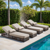 Brown wicker 4-piece outdoor lounge set with beige cushions, including four adjustable chaise lounges for patio relaxation.