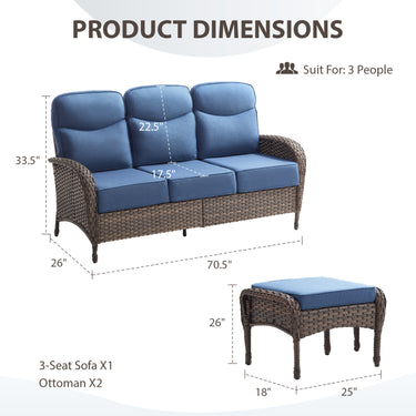 Modern 3-Piece Patio Sofa Set with Ottomans – Deep 6" Cushions, Waterproof Wicker for Relaxed Deck Lounging, ND Series - Belord