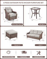 6-Piece Luxury Outdoor Patio Set - High Back Wicker Swivel Glider Chairs with Sofa & Ottoman, Ovolo Series - Belord