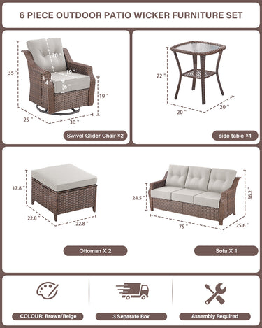 6-Piece Luxury Outdoor Patio Set - High Back Wicker Swivel Glider Chairs with Sofa & Ottoman, Ovolo Series - Belord