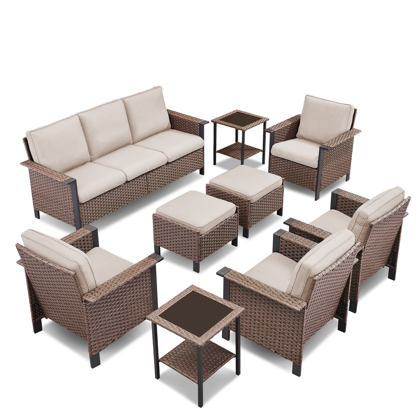 Expansive 9-Piece Conversation Group — Sofa, Quad Seating, Double Ottomans & Garden Accent Tables, WNG Series