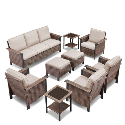 Expansive 9-Piece Conversation Group — Sofa, Quad Seating, Double Ottomans & Garden Accent Tables, WNG Series