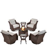 Luxury 7-Piece Outdoor Fire Pit Set - 4 Swivel Glider Chairs with 30" Propane Table & 6" Thick Cushions, Ovolo Series - Belord