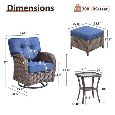 5-Piece Outdoor Patio Set: 2 Swivel Rocker Chairs + Side Table + 2 Ottomans – 5" Thick T-Back Cushions, All-Weather PE Wicker, T Series - Belord
