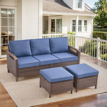 BBR Series 3-Piece Patio Set: 1 Sofa + 2 Ottomans - PE Wicker with Thick Cushions - Belord