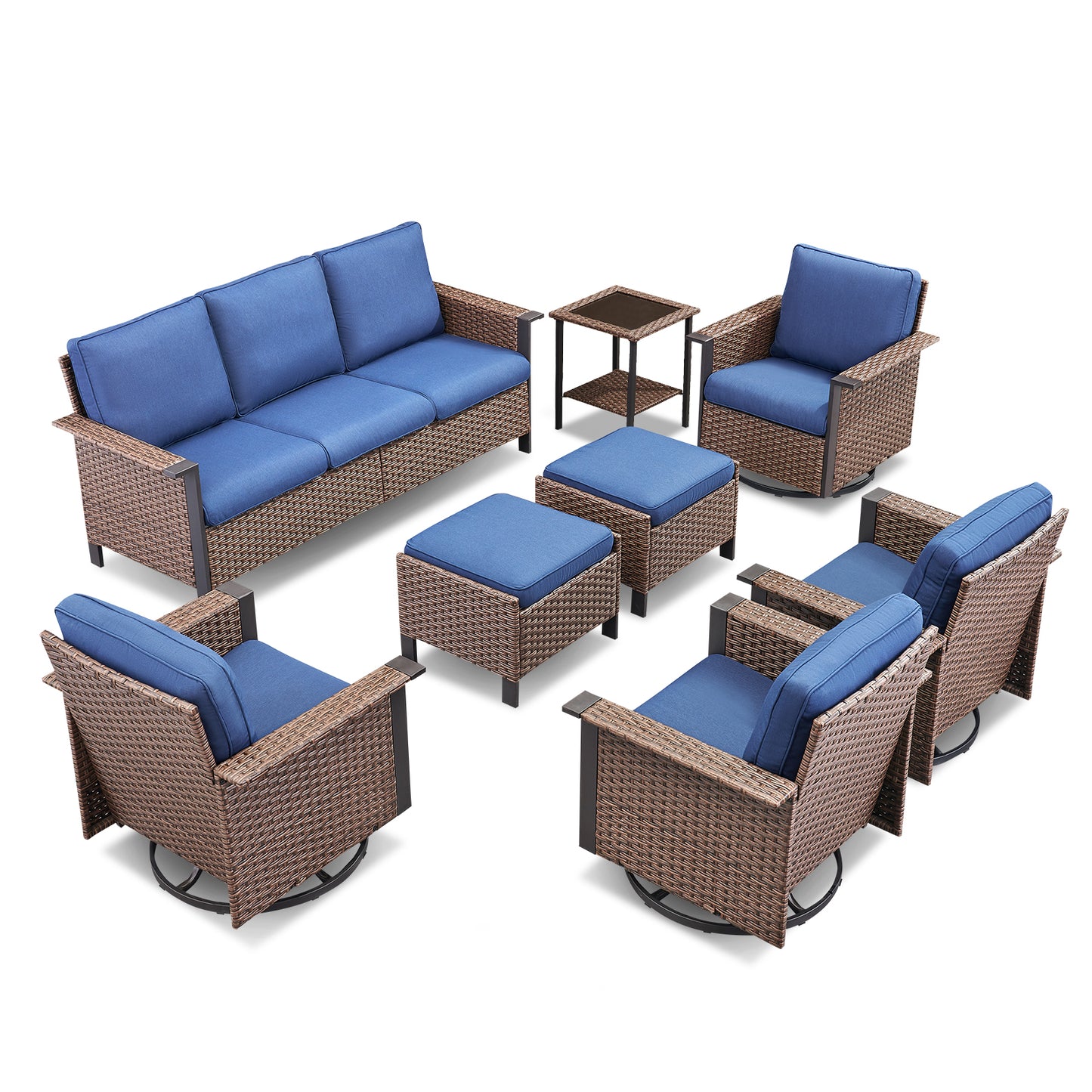 8-Piece Wicker Patio Set: All-Weather 3-Seater Sofa with 4 Swivel Rocker Chairs & 2 Ottomans & Rattan Side Table, WNG Series
